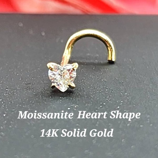 Moissanite Heart  14K Solid Yellow Gold , Curve Bar Nose Stud, Moissanite, Twist Micro Nose, Screw Nose Stud, Ball end Or L-Shaped