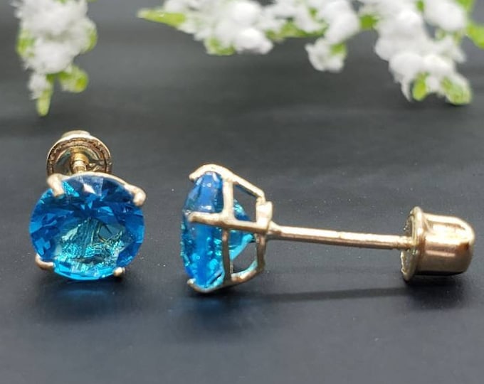 14K Solid Yellow Gold Blue Topaz Earring December Birthstone Colors Screw Backing Earring with 4 Prong Setting