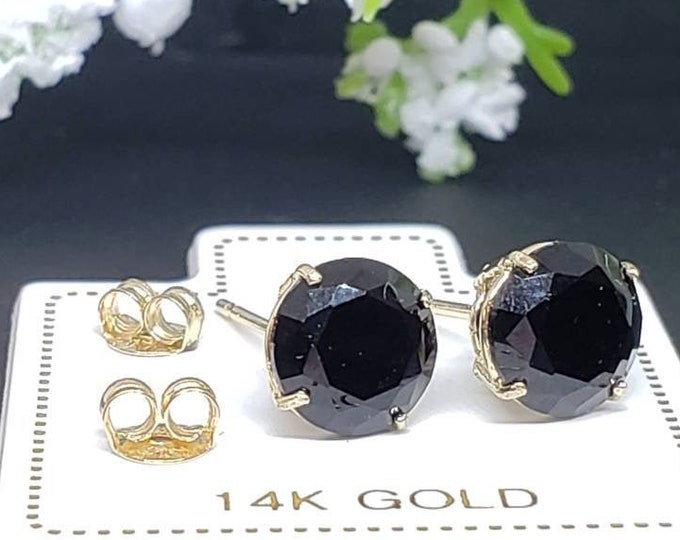 14K Real Gold Solitaire Round Cut Black Onyx Push Backing Earring with 4 Prong 3 mm - 8 mm