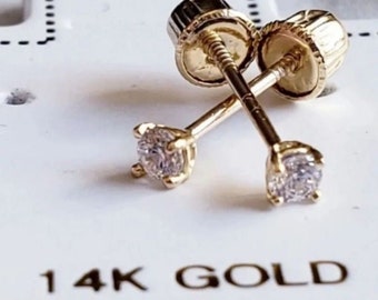 Minimalist • 2MM Dainty Smallest Stones in Solid 14K GOLD •  Tragus , Cartiladge ,Ear Lobes ,Baby, Kids Earrings • Hypoallergenic •