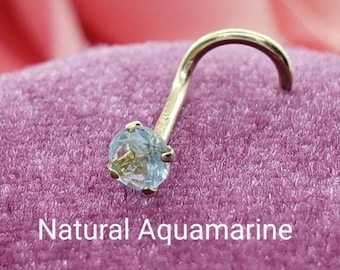 Genuine Real Aquamarine Nose Stud ,  14K Solid Gold in Twisted Crooked Screw, L-Shaped , Ball End Bar 20 GA.