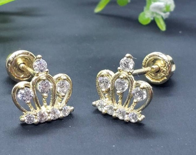 14K Real Yellow Gold • Small Crown CZ Earring  • Baby Secure Screw Backs • Cute Small  Earrings •  Kids Girl Birthday Earrings