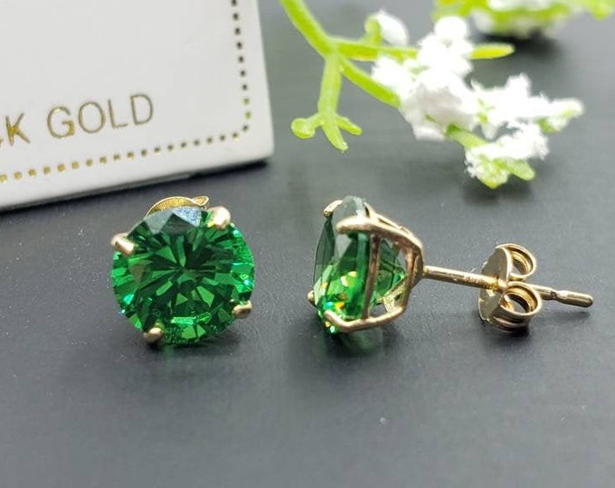 14K Solid Gold Green Emerald Earring May Birthstone Colors Push Backing Earring with 4 Prong Setting