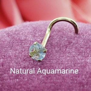 Genuine Real Aquamarine Nose Stud ,  14K Solid Gold in Twisted Crooked Screw, L-Shaped , Ball End Bar 22 GA 20 GA 18 GA.