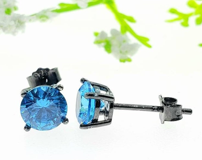 Solid 925 Sterling Silver Blue Topaz CZ's or Genuine Natural Blue Topaz Gemstone Solitaire Stud Post Earrings Round Mens Womens Earrings