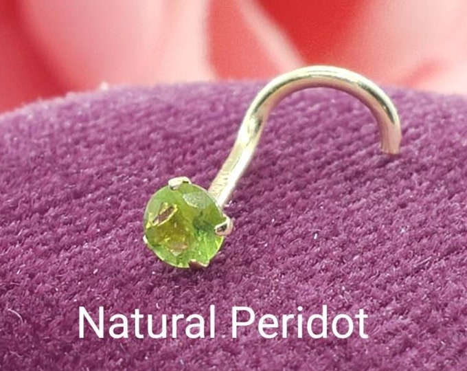 Genuine Real Peridot Nose Stud ,  14K Solid Gold in Twisted Crooked Screw, L-Shaped , Ball End Bar 22GA 20 GA 18GA