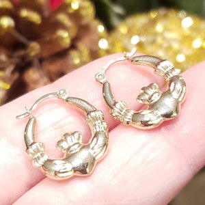14K Real Yellow Gold • Claddagh Hoop Earrings • Irish Claddagh Celtic Knot Hoop •