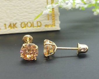 Peach 14K Solid Gold Earring High Quality Morganite Cz's Colors Screw Backing Earring with 4 Prong Setting
