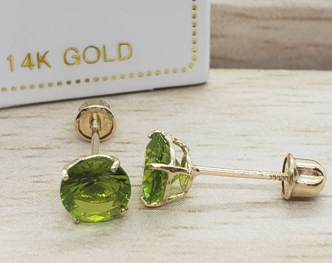 14K Solid Gold Peridot Earring August Birthstone Colors Screw Backing Earring with 4 Prong Setting