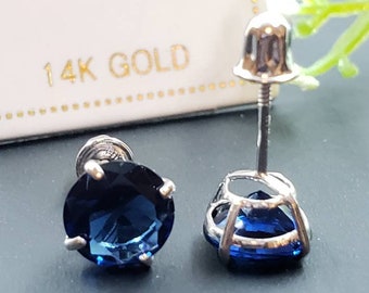 14K Solid Gold Blue Sapphire Earring September Birthstone Colors Screw Backing Earring with 4 Prong Setting