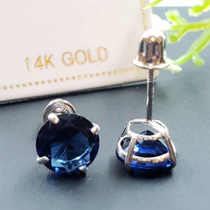 14K Solid Gold Blue Sapphire Earring September Birthstone Colors Screw Backing Earring with 4 Prong Setting
