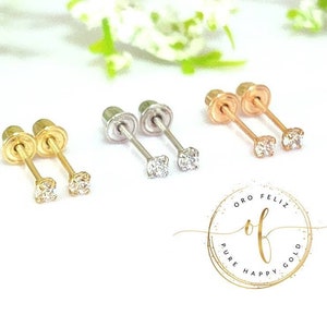 Delicado diamante natural auténtico • Diamante de laboratorio • 2 mm 2,50 mm 3,00 mm • Cierre de rosca • ORO DE 14 K • Pendientes para trago, cartílago, bebés y niños •