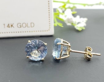 14K Solid Gold Blue Aquamarine Earring March Birthstone Colors Push Backing Earring with 4 Prong Setting