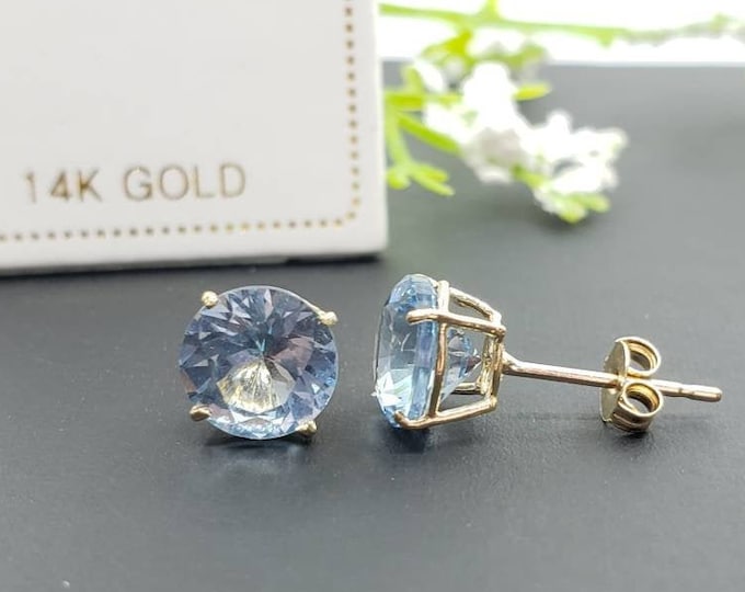 14K Solid Gold Blue Aquamarine Earring March Birthstone Colors Push Backing Earring with 4 Prong Setting