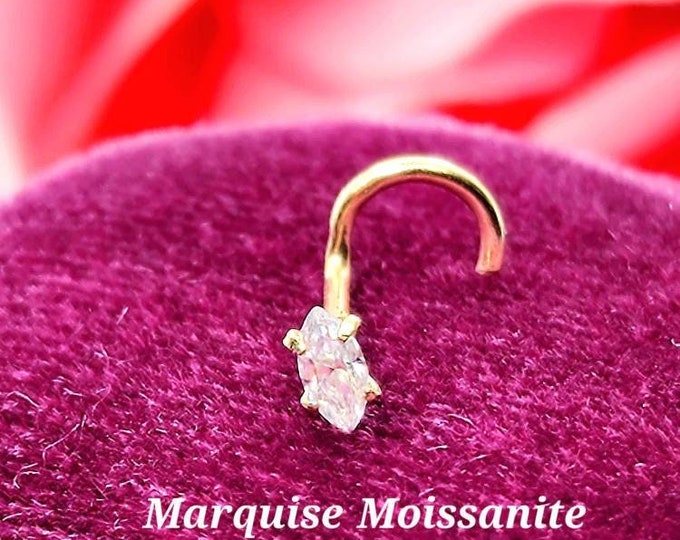 0.10 carat Moissanite Marquise Shape 14K Solid Yellow Gold , Curve Bar Nose Stud, Twist Micro Nose, Screw Nose Stud, Ball end Or L-Shaped