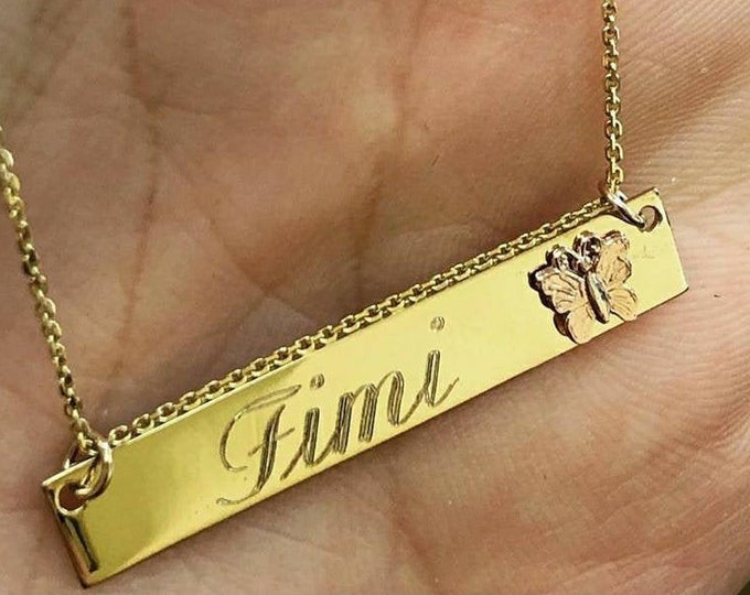 14k Gold Personalized Necklace,Engravable Bar Necklace,Personalized Name Plate,Memorial Gift,Remembrance Gift, Custom Made Necklace, 6 style