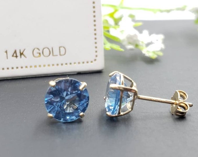 14K Solid Gold Blue Topaz Earring December Birthstone Colors Push Backing Earring with 4 Prong Setting