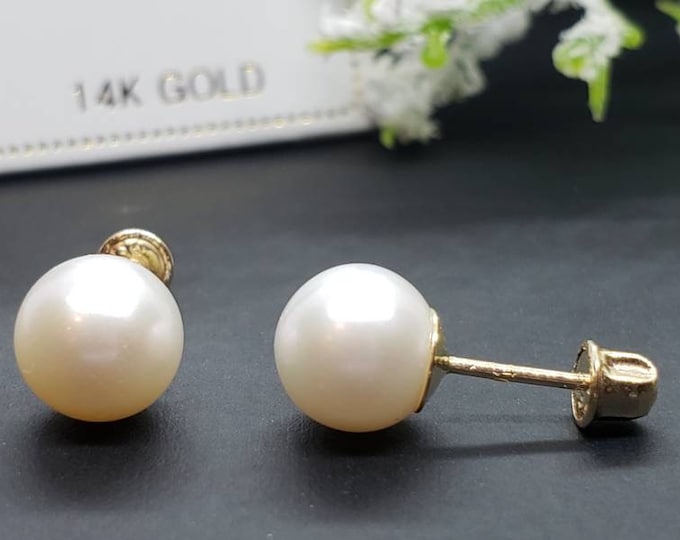 14K Solid Real Gold • Genuine White Pearl • Screw Back Earrings • Available in Size 3 mm - 9 mm