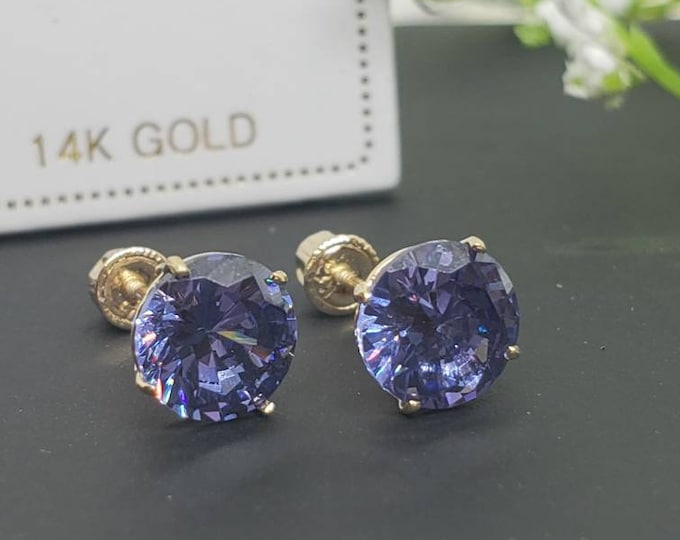 Tanzanite 14K Solid Yellow Gold Earring Screw Backing with 4 Prong Setting, Birthday, Gift, Anniversary, Christmas, Bridal, Wedding.