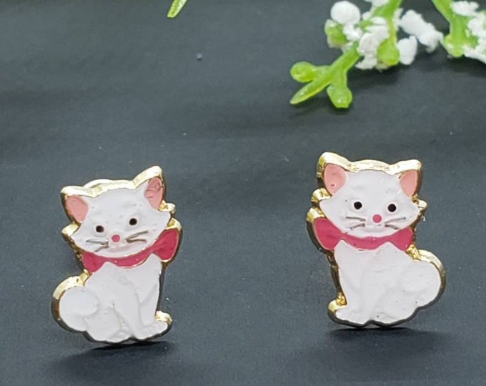 14K Solid Gold • Kitty Cat Enamel Resin Unicorn• Screw Backs • Cute Flat Earrings • Girls / Kids Earrings