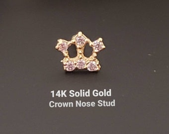 14 kt massief goud, neusknop met kogeluiteinden, kroonontwerp met diamanten neusknop, neusgatpiercing