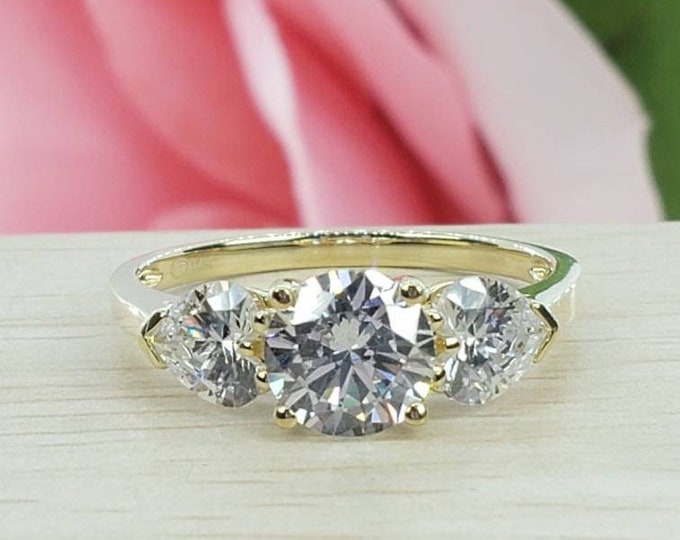 2 Ct 14K Yellow Gold Round Heart 3 Stone Wedding Engagement Propose Promise Ring