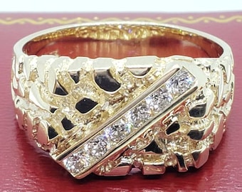 Mens & Women's 14K Yellow SOLID GOLD Simulated or Real Genuine Diamond Square Nugget 8.00  Grams Ring  Size 6-13