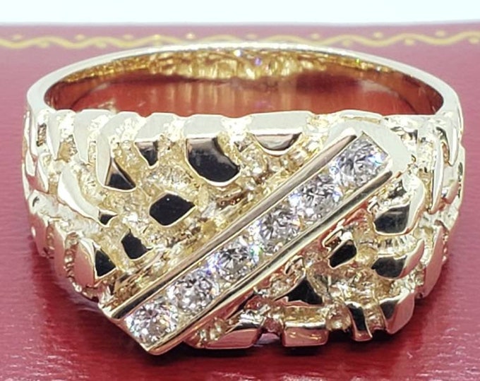 Mens & Women's 14K Yellow SOLID GOLD Simulated or Real Genuine Diamond Square Nugget 8.00  Grams Ring  Size 6-13