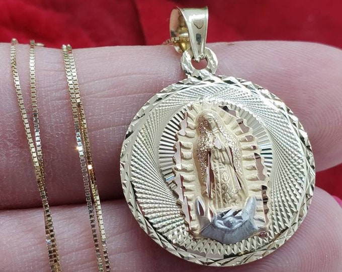 14K Solid Yellow Gold Virgin Mary Guadalupe 3D Tri Color Charm Pendant 4 sizes Available