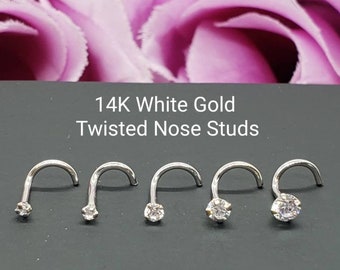 14K Solid White Gold , Curve Bar Nose Stud, Diamond Nose Stud, Twist Micro Nose, Screw Nose Stud