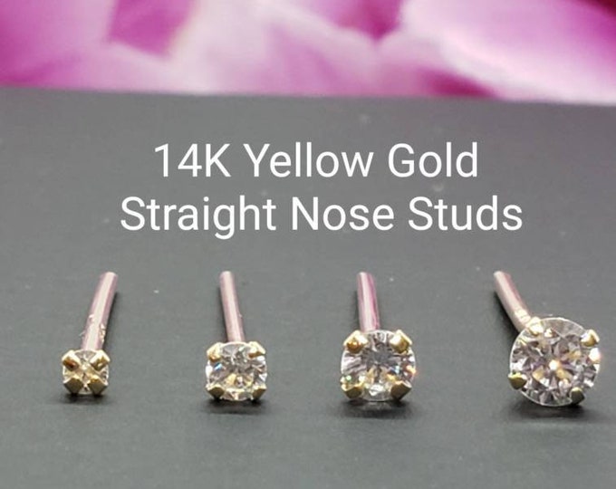 14K Solid Yellow Gold , Straight Bar Nose Stud, Diamond Nose Stud, L Shape Bendable Nostril Piercing 1.00 - 3.00 mm