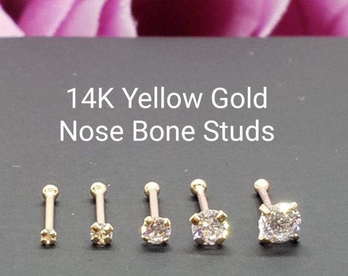 14K Solid Yellow Gold , Ball Ends Nose Stud, Diamond Nose Stud,  Nostril Piercing ,20Gauge, Hypoallergenic, High Quality Nose 14K gold..