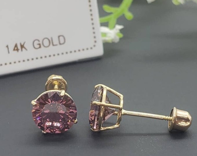 14K Solid Yellow Gold Alexandrite CZ  Earring June Birthstone Colors Screw Backing Earring with 4 Prong Setting