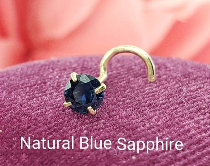 Genuine Real Blue Sapphire Nose Stud ,  14K Solid Gold in Twisted Crooked Screw, L-Shaped , Ball End Bar 20 GA.