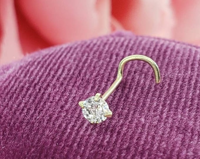 Genuine LAB DIAMOND 14K Solid 100 % Real Gold , Curve Bar Nose Stud, LAB Diamond Nose Stud, Twist Micro Nose, 22GA 20GA 18GA