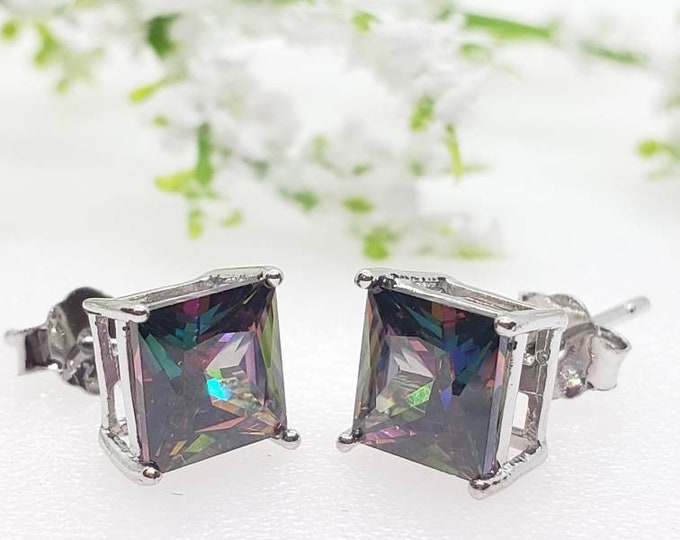 3mm-10mm Princess Cut Square Rainbow Mystic Topaz Solid 925 Sterling Silver Stud Post Earrings Round Mens Womens Earrings