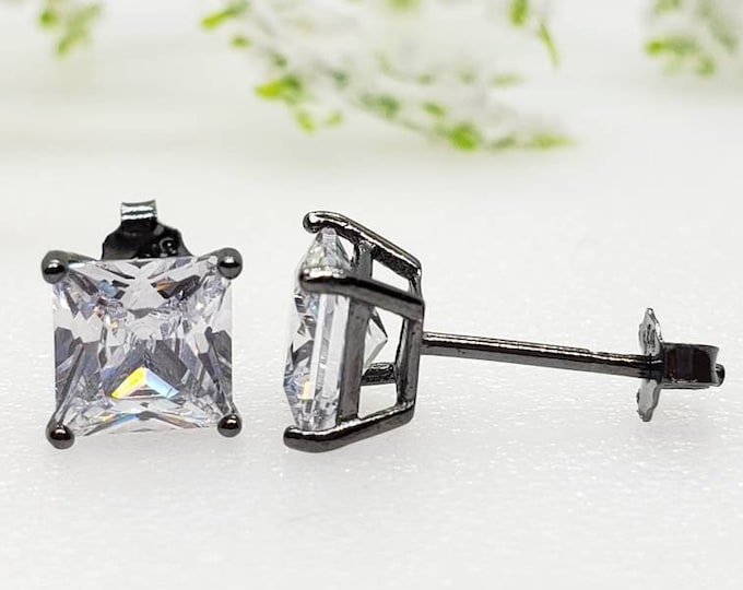 3mm-10mm Square Princess Cut Black Rhodium Solid 925 Sterling Silver Stud Post Earrings For Men's Women's