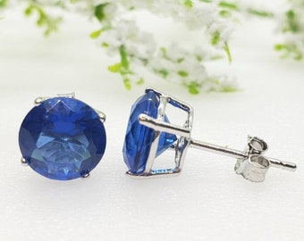 2mm-10mm Round Sapphire September Birthstone Solid 925 Sterling Silver Solitaire Stud Post Earrings Round Mens Womens Earrings