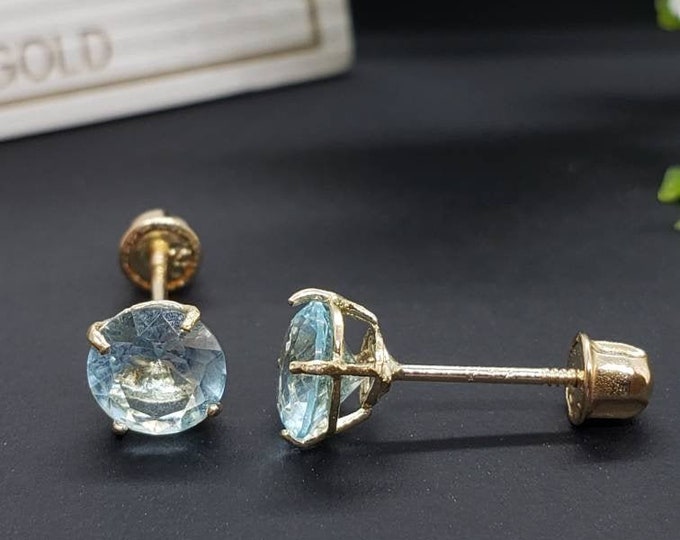 14K Solid Gold Aquamarine Earring March Birthstone Colors Screw Backing Earring with 4 Prong Setting