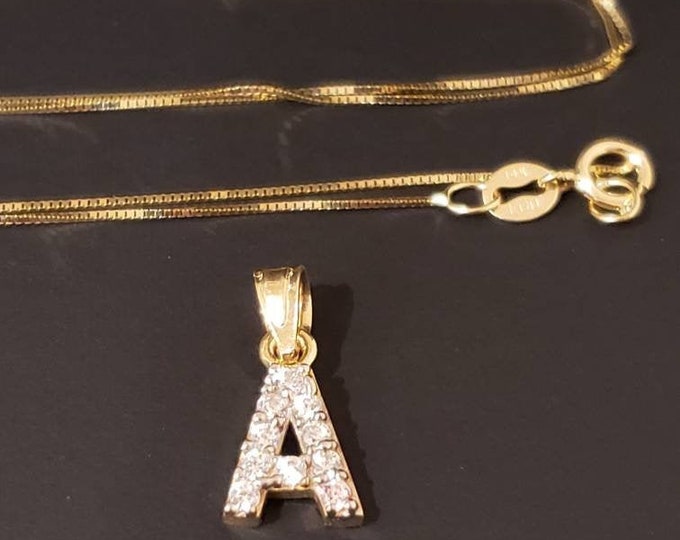 14K Real Gold Pendant with CZ's Initial Letter Charm A-Z Necklace With Or Without Box Chain , Graduation/Bridesmaids/Birthday/Wedding