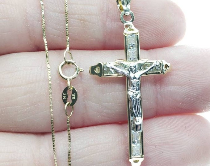 14K Solid 2 Tone Gold CZ Crucifix Cross Pendant With 3 different Sizes Available
