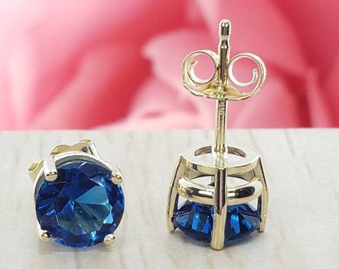 14K Solid Gold Blue Sapphire Stones Round Solitaire Cut Basket Heavier Prong Earring Push Backing Earring