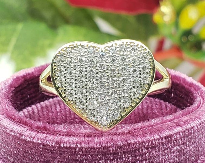 10K Solid Yellow Gold Heart Micropave Stone Ring  Solid Real Gold For Women's Girl