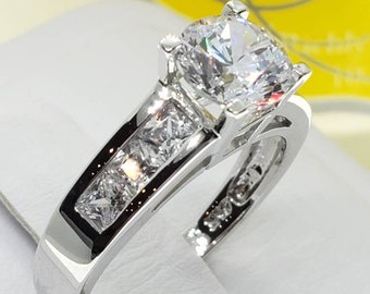 1.75 Created Diamond 14K Real Solid Gold Round 4 Prong Princess Channel Set Engagement Ring