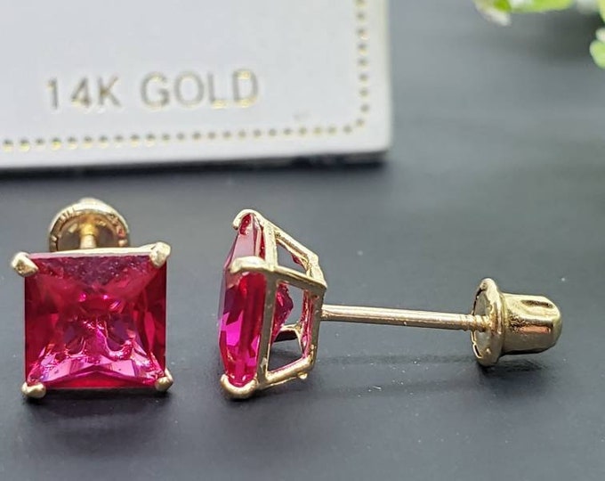 14K Solid Gold Red Ruby Earring Princess Square Cut July Birthstone Colors Screw Backing Earring with 4 Prong Setting