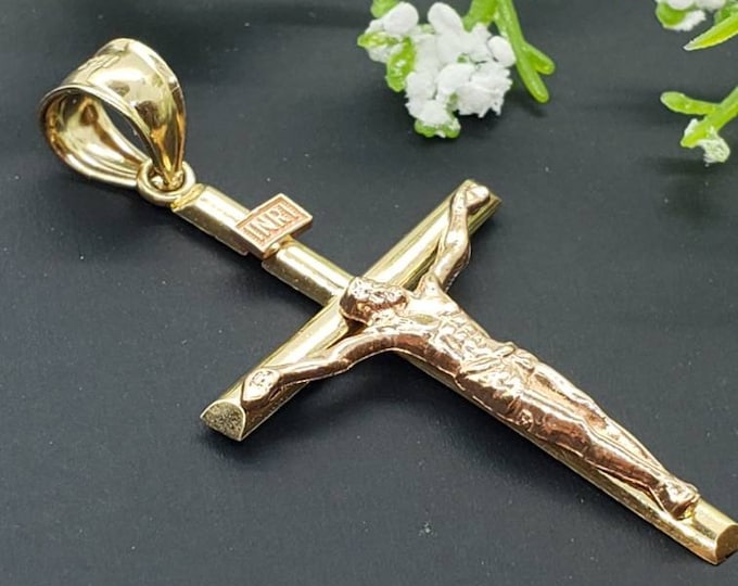 14K Yellow Gold Religious Crucifix Cross Pendant INRI Jesus Christ Charm Pendant Yellow Gold with Rose Gold 2 Tone