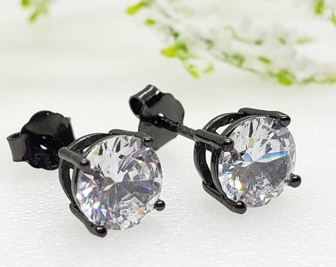 2mm-8mm Round Black Plated Diamond Clear Solid 925 Sterling Silver Solitaire Stud Post Earrings Round Mens Womens Earrings