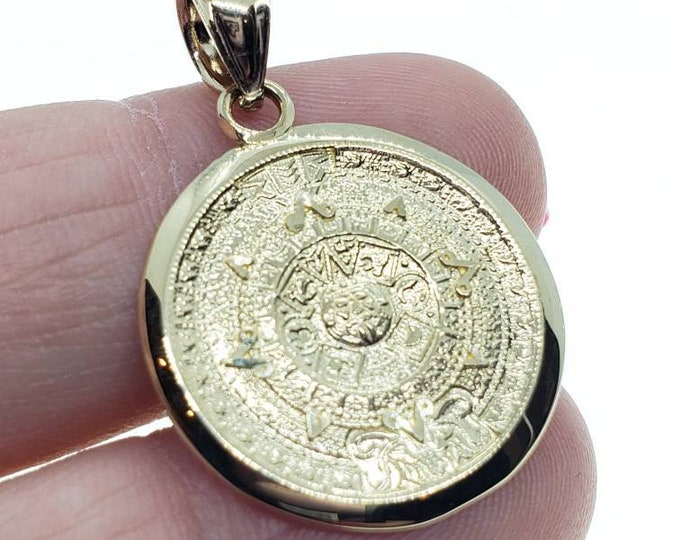 14K Solid Yellow Gold Aztec pendant Azteca sun CALENDAR Mayan Diamond Cut charm Pendant 2 size Available