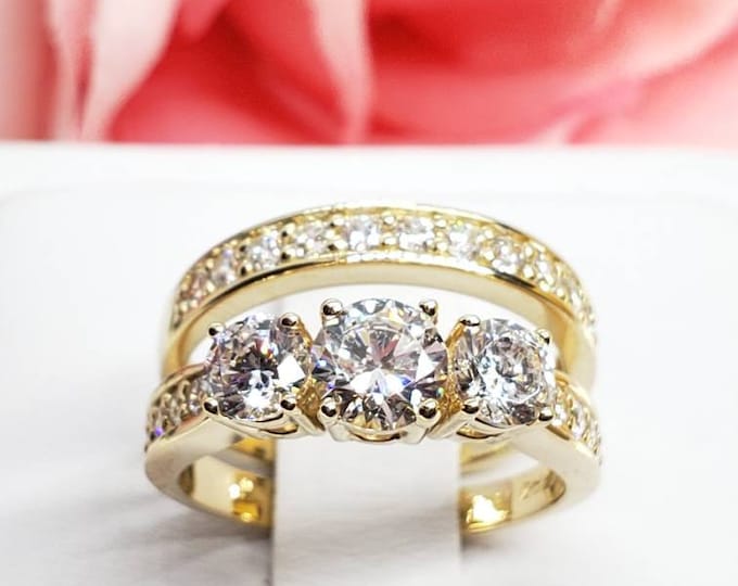 Set of 14K Solid Real Gold  Three Stone Past Present Future Engagement Promise Bridal Rings