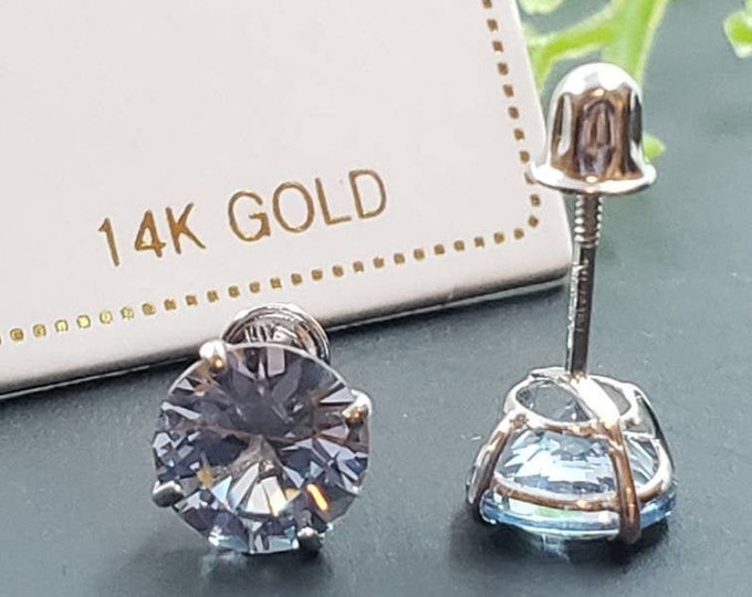 14K Solid Gold Aquamarine Earring March Birthstone Colors Screw Backing Earring with 4 Prong Setting